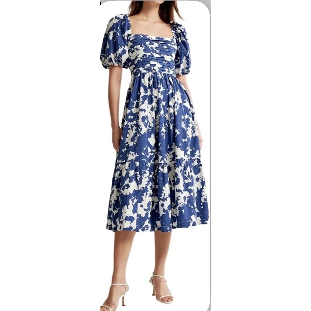 Abercrombie Emerson Poplin Puff Sleeve Dress Floral Blue White Sz LP Coastal